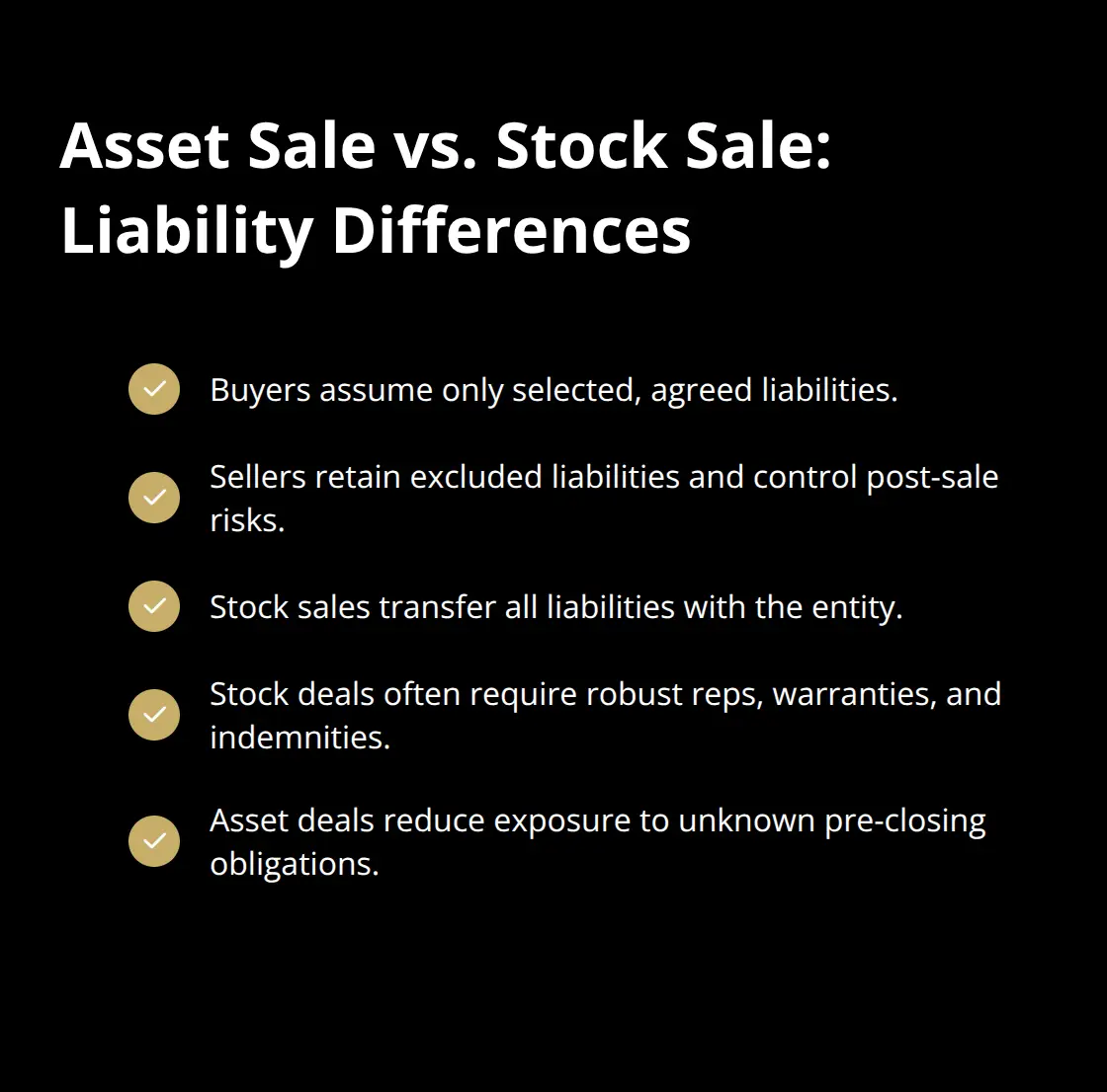 Checklist highlighting liability handling in asset sales versus stock sales