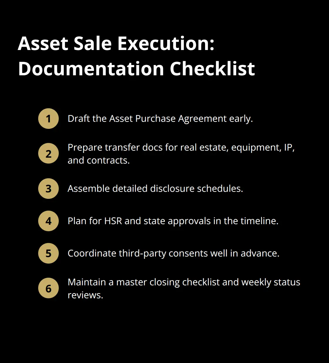 Compact checklist of key documents and timelines for asset sale closings