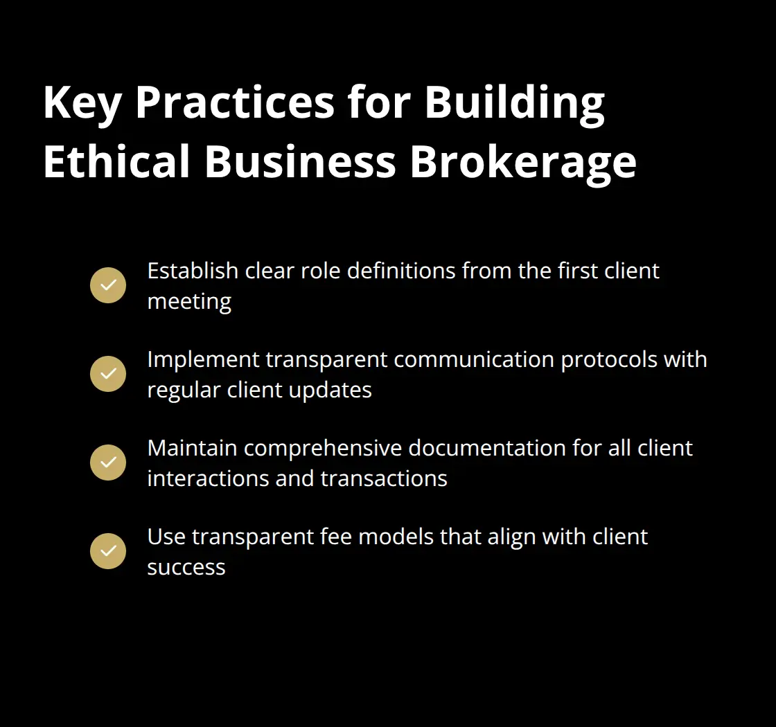 Checkmark list showing key practices for building ethical business brokerage: clear role definitions, transparent communication, comprehensive documentation, and transparent fee models - business broker ethics