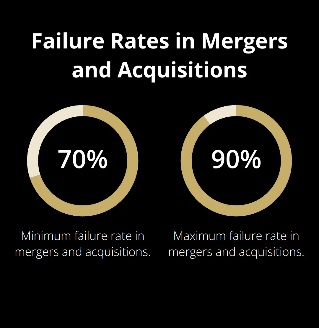 Pie chart showing the high failure rate of mergers and acquisitions, ranging from 70% to 90% - business sale process timeline