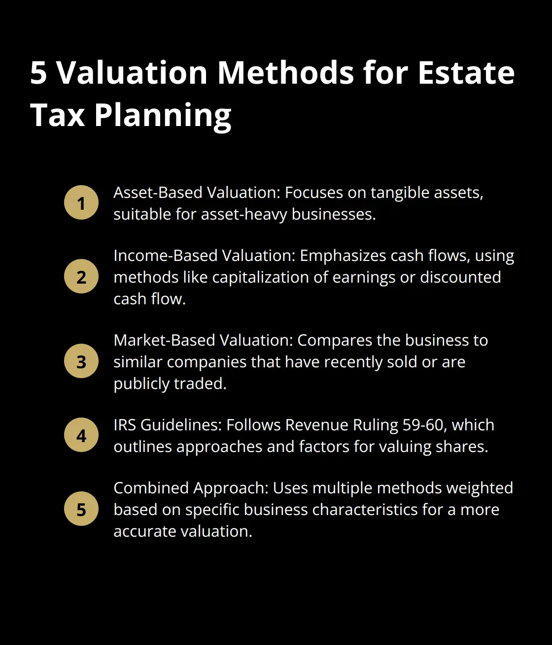 Ordered list chart showing five valuation methods for estate tax planning: Asset-Based, Income-Based, Market-Based, IRS Guidelines, and Combined Approach. - business valuation for estate tax purposes