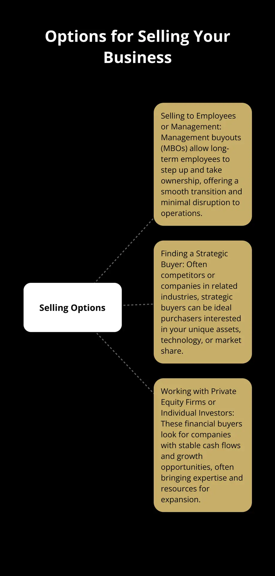 Hub and spoke chart showing different options for selling a business: Selling to Employees or Management, Finding a Strategic Buyer, and Working with Private Equity Firms or Individual Investors. - retirement sale with no successor